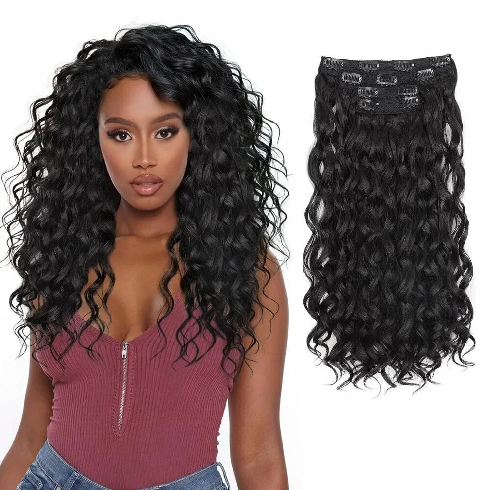 Curly Wavy Synthetic Clip in Hair Extensions 18 Inch 4PCS for Women